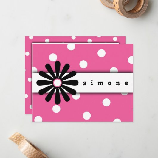 Carte de note à pois rose et blanc (Devant/Arrière en situation)