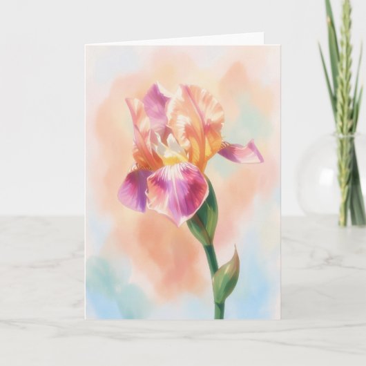 Carte de note d'art à l'aquarelle Fleur d'Iris ros (Devant)
