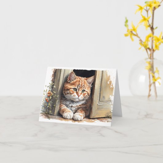 Carte de note de chat Ginger Watercolor (Fleur jaune)