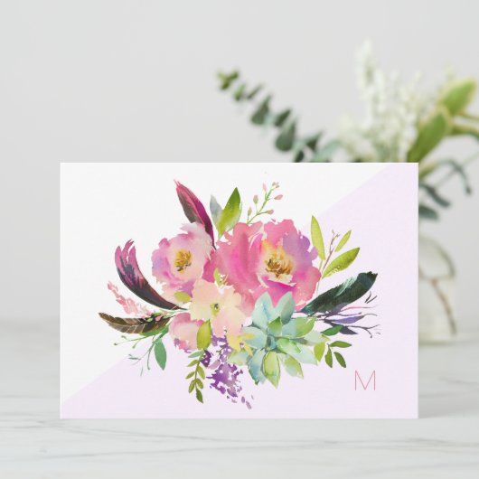 Carte de note de couleur rose violet Boho Floral (Debout devant)