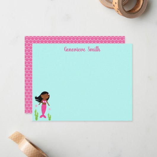 Carte de note de la papeterie de sirène rose (Devant/Arrière en situation)