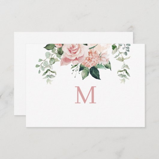 Carte de note de monogramme d'hydrangea rose pâle  (Devant / Derrière)