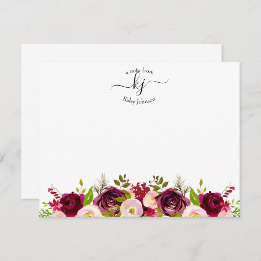 Carte de note de Monogramme floral de Bourgogne (Devant / Derrière)