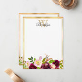 Carte de note de Monogramme floral de Bourgogne (Devant/Arrière en situation)