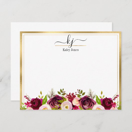 Carte de note de Monogramme floral de Bourgogne (Devant / Derrière)