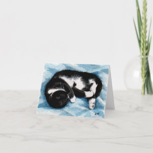 Carte de note de peinture de chat Tuxedo dormant