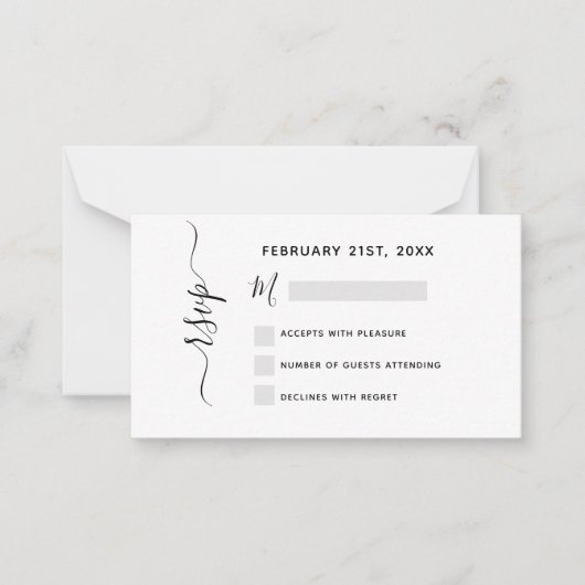 Carte de note de script noir blanc Mariage RSVP Bu (Devant)