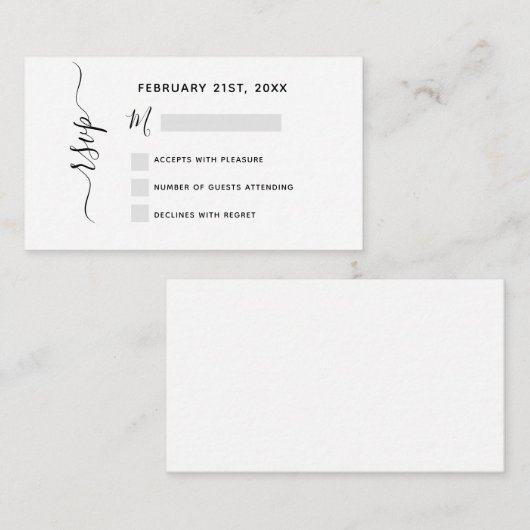Carte de note de script noir blanc Mariage RSVP Bu (Devant / Derrière)