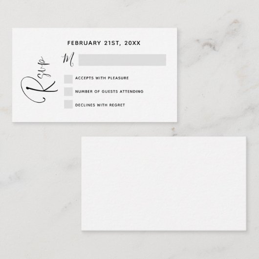 Carte de note de script noir blanc Mariage RSVP Bu (Devant / Derrière)