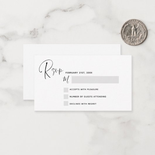 Carte de note de script noir blanc Mariage RSVP Bu (Devant/Arrière en situation)
