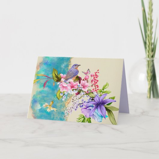 Carte de note d'oiseaux et de fleurs (Devant)