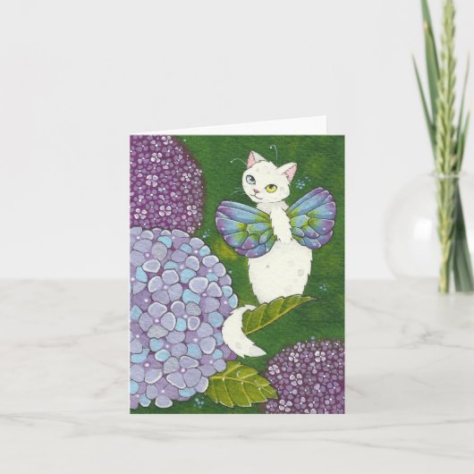 Carte de note féerique de chat floral d'hortensia (Devant)