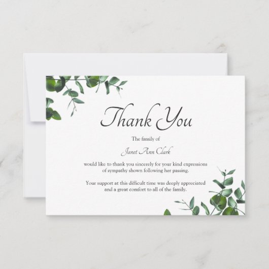 Carte de note Feuille verte Merci funéraire (Devant)