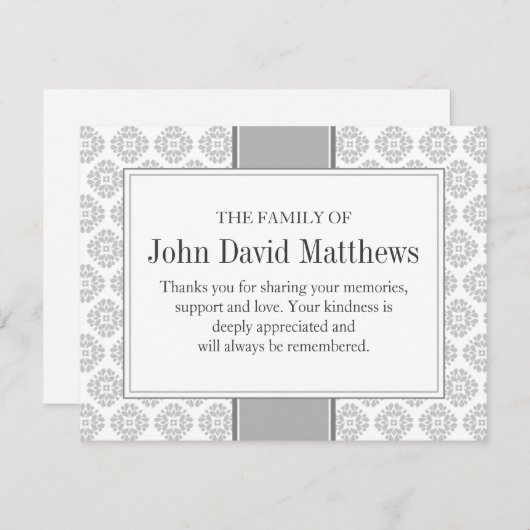 Carte de note funéraire grise Note de deuil plat (Devant / Derrière)