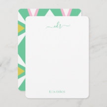 Carte de note Monogramme rose et vert diamant