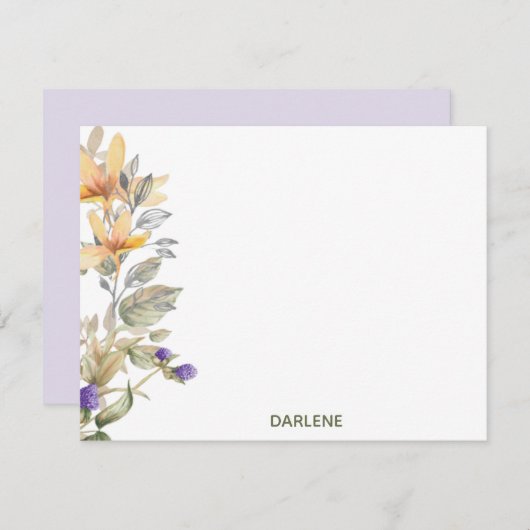 Carte de note plat personnalisée Fleurs aquarelles (Devant / Derrière)