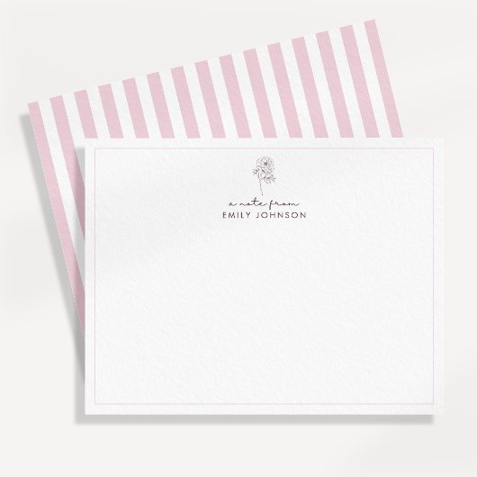 Carte de note plate avec fleurs roses et rayures