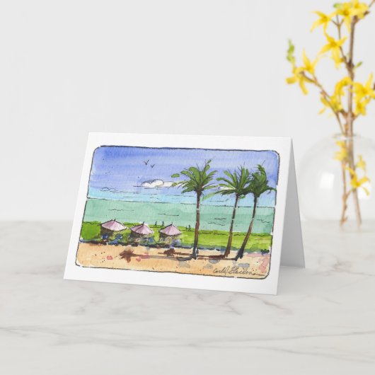Carte de note pliée Plage & Palm Trees (Fleur jaune)