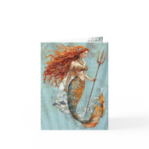 Carte de note pliée vintage Mermaid Ocean Blue