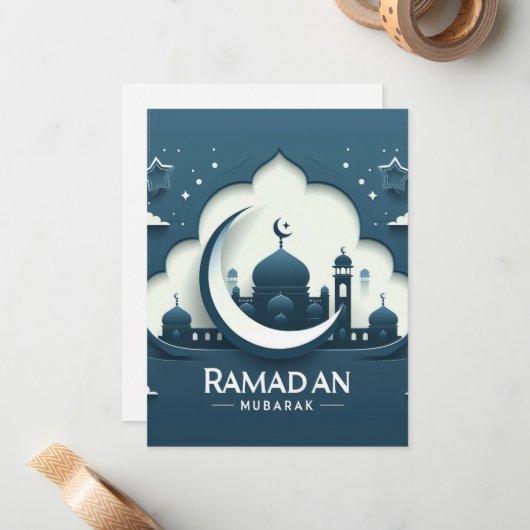 Carte De Note Ramadan Moderne Bleu Et Blanc (Devant/Arrière en situation)