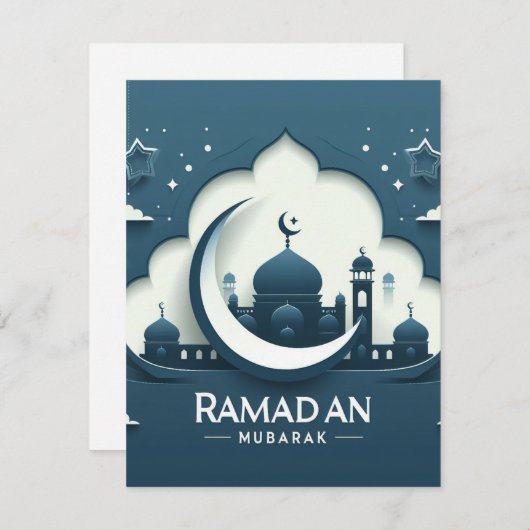 Carte De Note Ramadan Moderne Bleu Et Blanc (Devant / Derrière)