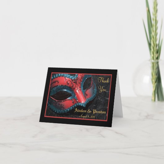 Carte de note rouge de Merci de mariage de masque (Devant)