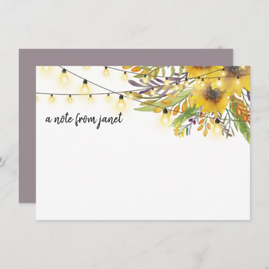 Carte de notes sur les tournesols et les lampes à (Devant / Derrière)