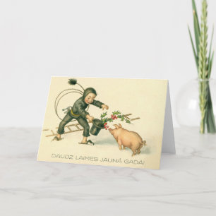 Carte de Nouvel An rétro lettone avec ramoneur et
