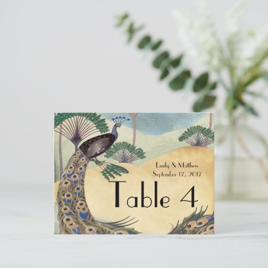 Carte de numéro de Mariage Peacock & Palm Tree vin (Debout devant)