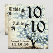 Carte de numéro de table à oiseaux et arbre à feui (Devant / Derrière)