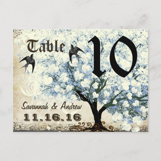 Carte de numéro de table à oiseaux et arbre à feui (Devant)