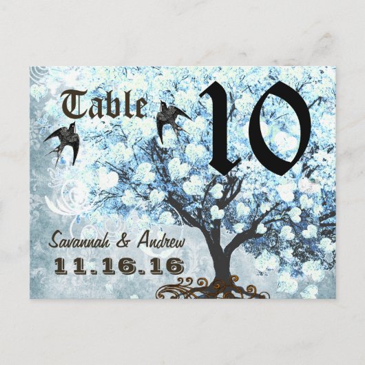 Carte de numéro de table à oiseaux et arbre à feui (Devant)