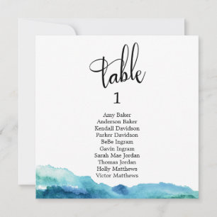 Carte de numéro de table aquarelle bleu vert aqua