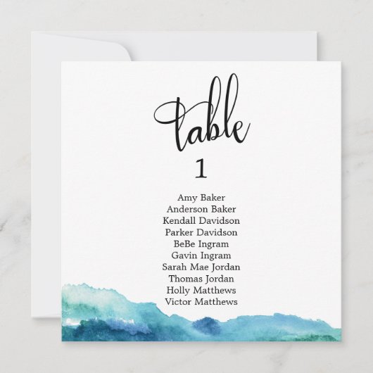 Carte de numéro de table aquarelle bleu vert aqua (Devant)