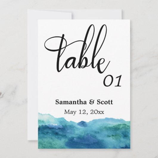 Carte de numéro de table aquarelle bleu vert aqua (Devant)