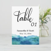 Carte de numéro de table aquarelle bleu vert aqua (Debout devant)