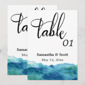 Carte de numéro de table aquarelle bleu vert aqua (Devant / Derrière)