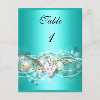 Carte de numéro de table bleu sarcelle or diamant 