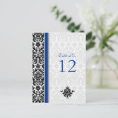 Carte de numéro de table Blue, Black, White Damask (Debout devant)