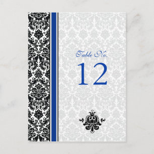 Carte de numéro de table Blue, Black, White Damask