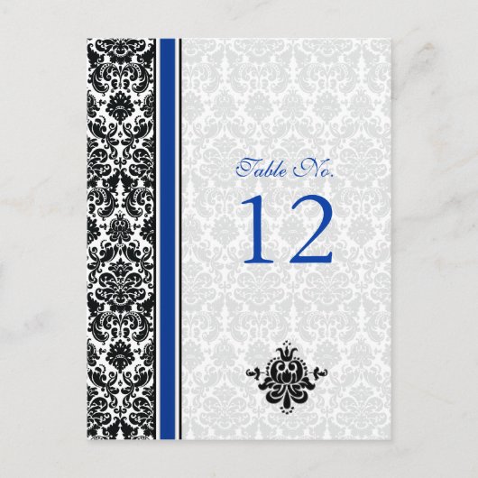 Carte de numéro de table Blue, Black, White Damask (Devant)