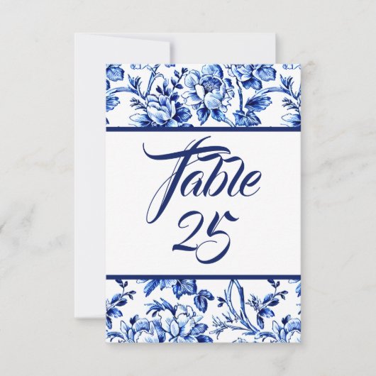 Carte de numéro de table Blue & White Floral Toile (Devant)