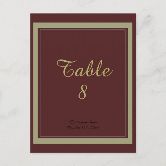 Carte de numéro de table bordeaux et or (Devant)