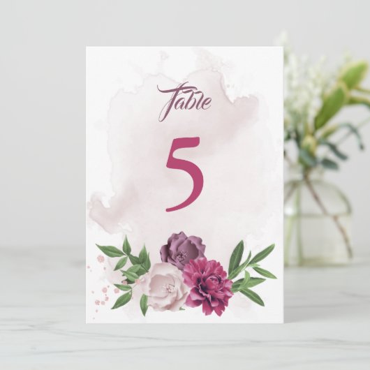 carte de numéro de table botanique rose mauve (Debout devant)
