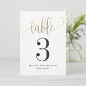 Carte de numéro de table calligraphiée jolie dorée (Debout devant)