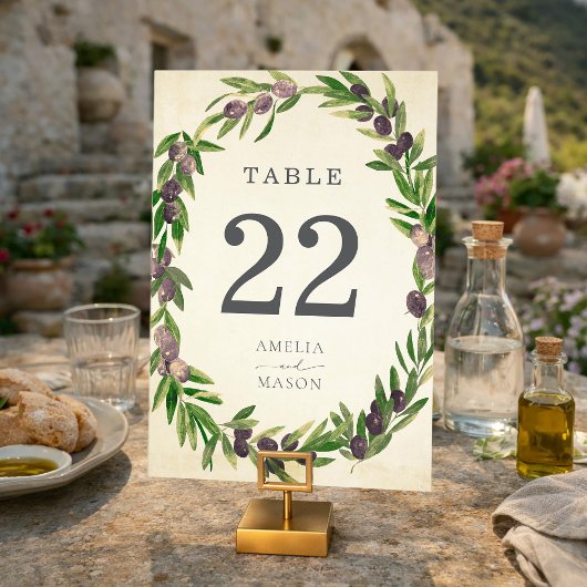 Carte de numéro de table Couronne d'olive botaniqu
