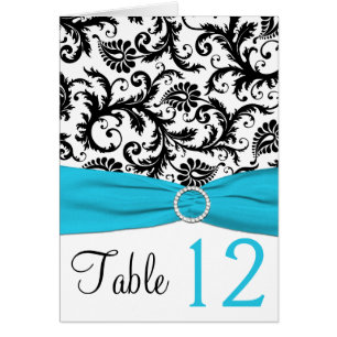 Carte de numéro de table Damask bleu, blanc et noi