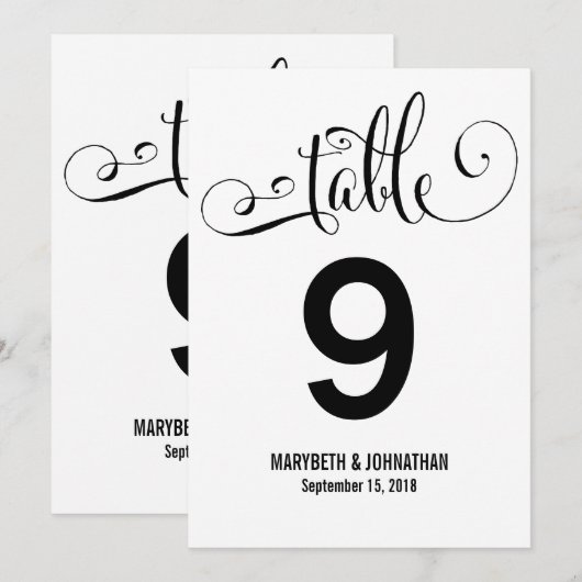 Carte de numéro de table de mariage à écriture mod (Devant / Derrière)