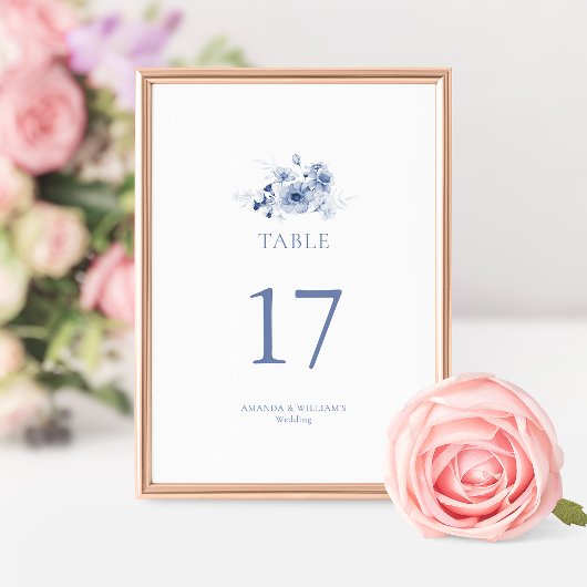 Carte de numéro de table de mariage à fleurs bleu 