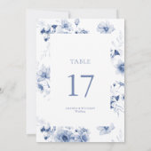Carte de numéro de table de mariage à fleurs bleue (Dos)